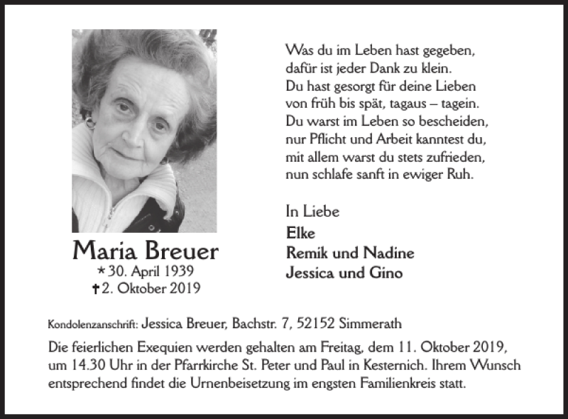  Traueranzeige für Maria Breuer vom 09.10.2019 aus Wochenspiegel
