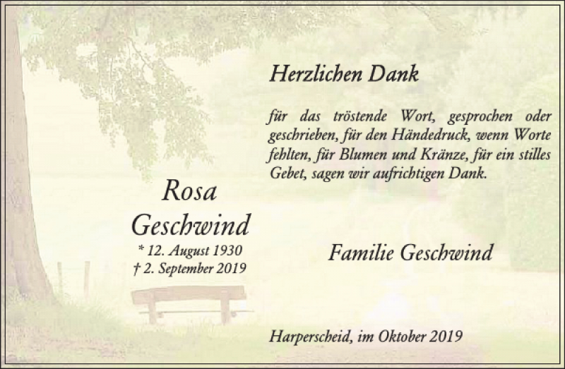  Traueranzeige für Rosa Geschwind vom 09.10.2019 aus Wochenspiegel
