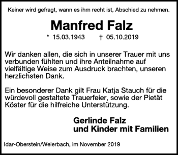 Traueranzeige von Manfred Falz von WochenSpiegel