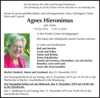 Traueranzeige von Agnes Hieronimus von WochenSpiegel