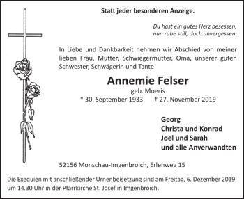 Traueranzeige von Annemie Felser von WochenSpiegel