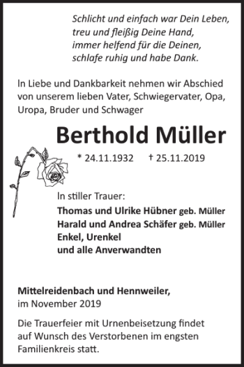 Traueranzeige von Berthold Müller von WochenSpiegel