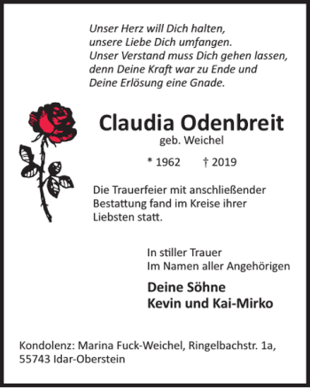 Traueranzeige von Claudia Odenbreit von WochenSpiegel
