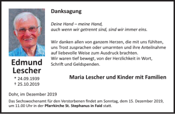 Traueranzeige von Edmund Lescher von WochenSpiegel