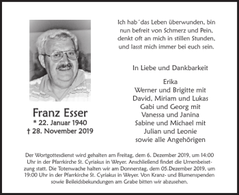 Traueranzeige von Franz Esser von WochenSpiegel