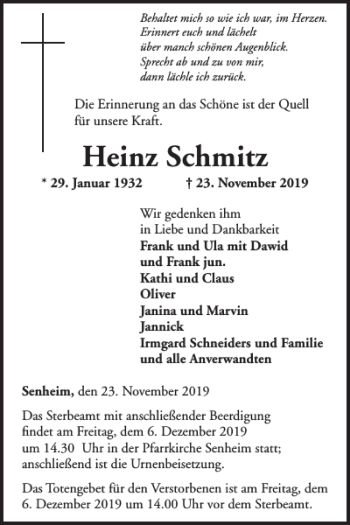 Traueranzeige von Heinz Schmitz von WochenSpiegel