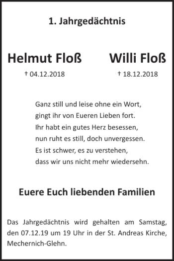 Traueranzeige von Helmut Floß Willi Floß von WochenSpiegel