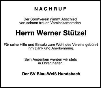 Traueranzeige von Herrn Werner Stützel von WochenSpiegel