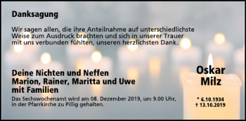Traueranzeige von Oskar Milz von WochenSpiegel
