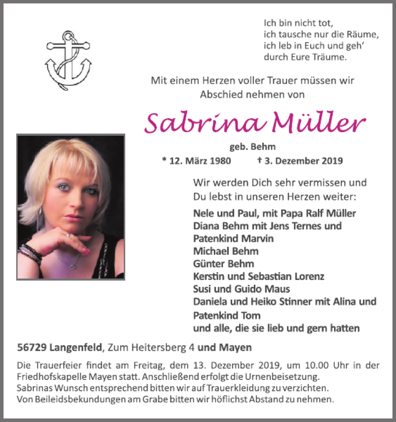  Traueranzeige für Sabrina Müller vom 11.12.2019 aus WochenSpiegel