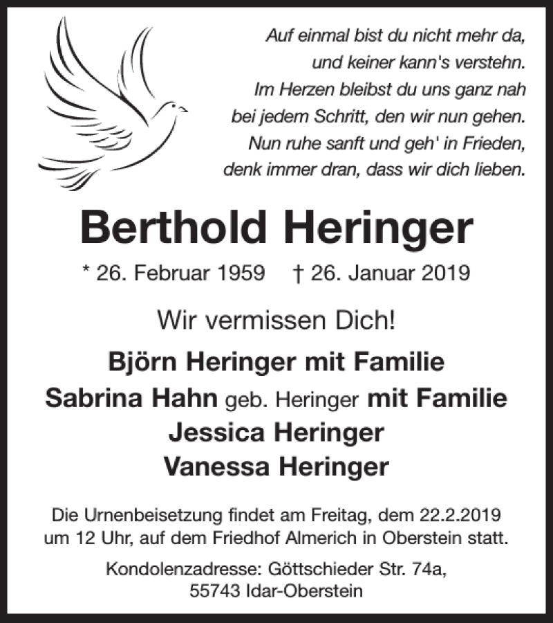  Traueranzeige für Berthold Heringer vom 13.02.2019 aus WochenSpiegel