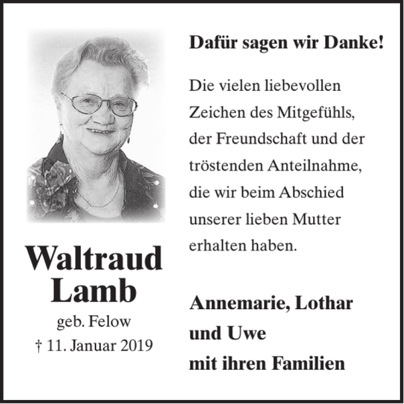  Traueranzeige für Waltraud Lamb vom 13.02.2019 aus WochenSpiegel