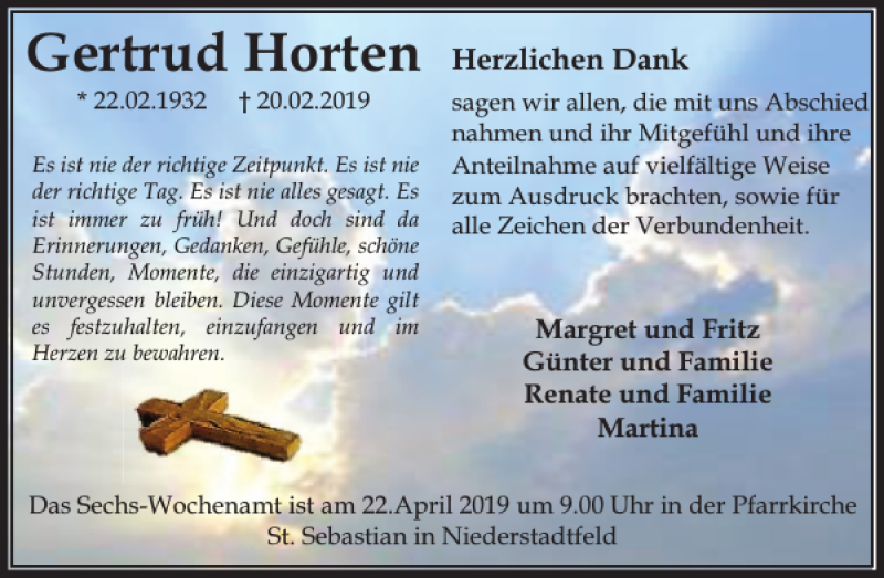  Traueranzeige für Gertrud Horten vom 17.04.2019 aus WochenSpiegel