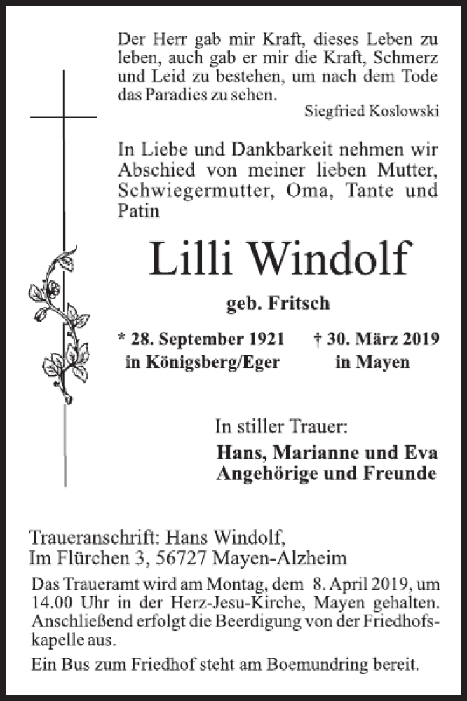  Traueranzeige für Lilli Windolf vom 03.04.2019 aus WochenSpiegel