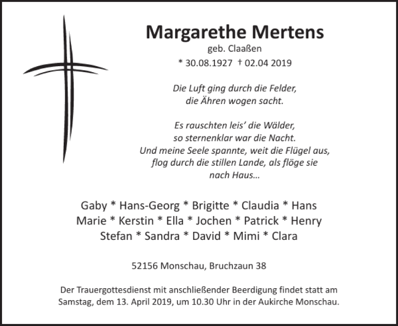  Traueranzeige für Margarethe Mertens vom 10.04.2019 aus WochenSpiegel