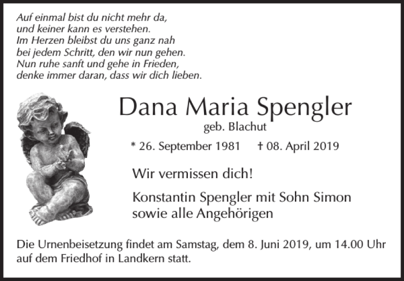  Traueranzeige für Dana Maria Spengler vom 22.05.2019 aus WochenSpiegel