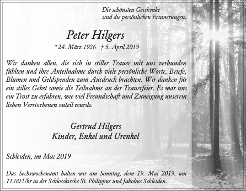  Traueranzeige für Peter Hilgers vom 08.05.2019 aus WochenSpiegel