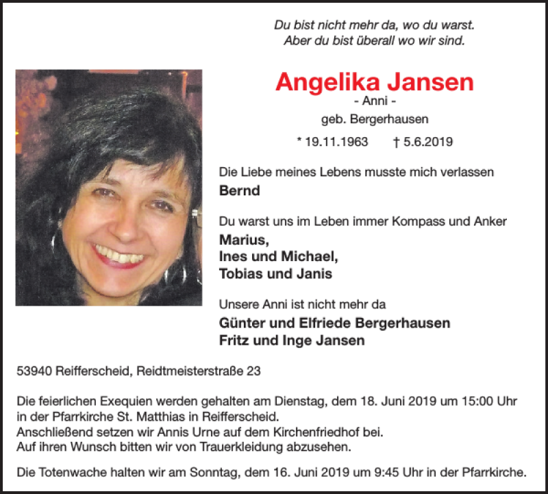  Traueranzeige für Angelika Jansen vom 12.06.2019 aus WochenSpiegel
