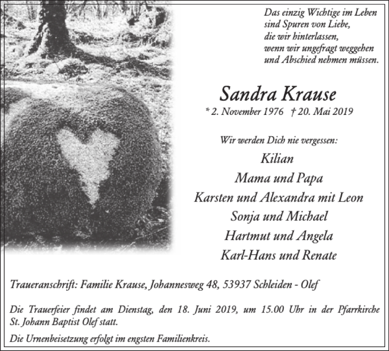  Traueranzeige für Sandra Krause vom 12.06.2019 aus WochenSpiegel