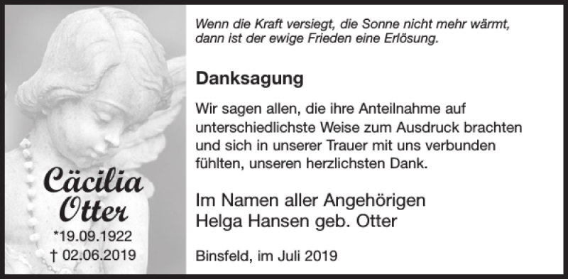  Traueranzeige für Cäcilia Otter vom 05.07.2019 aus WochenSpiegel