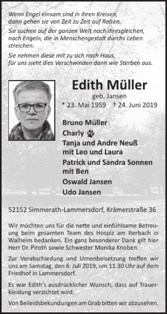  Traueranzeige für Edith Müller vom 03.07.2019 aus WochenSpiegel