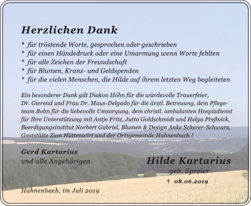 Traueranzeige für Hilde Kartarius vom 17.07.2019 aus WochenSpiegel