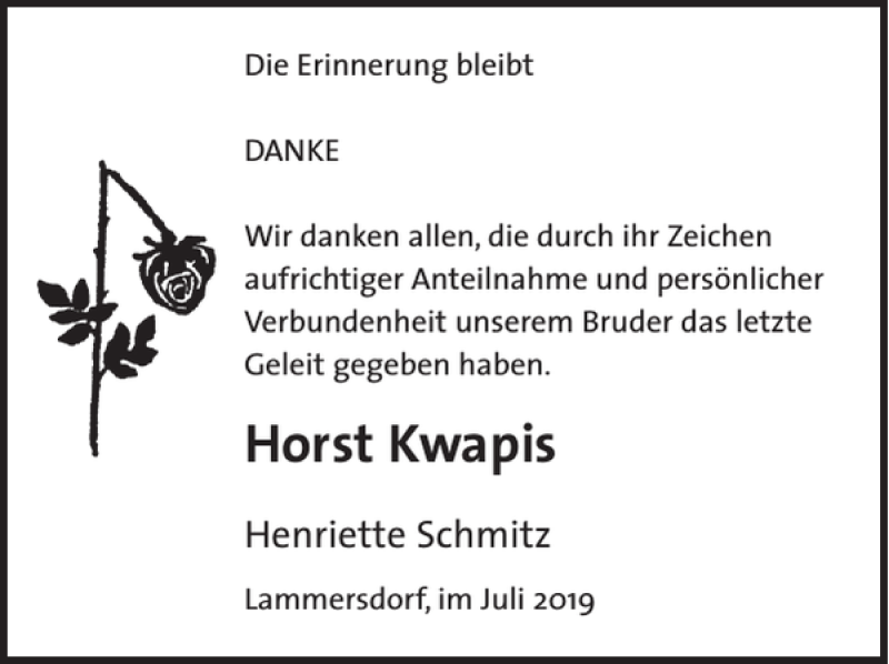  Traueranzeige für Horst Kwapis vom 03.07.2019 aus WochenSpiegel