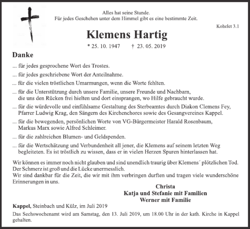  Traueranzeige für Klemens Hartig vom 03.07.2019 aus WochenSpiegel