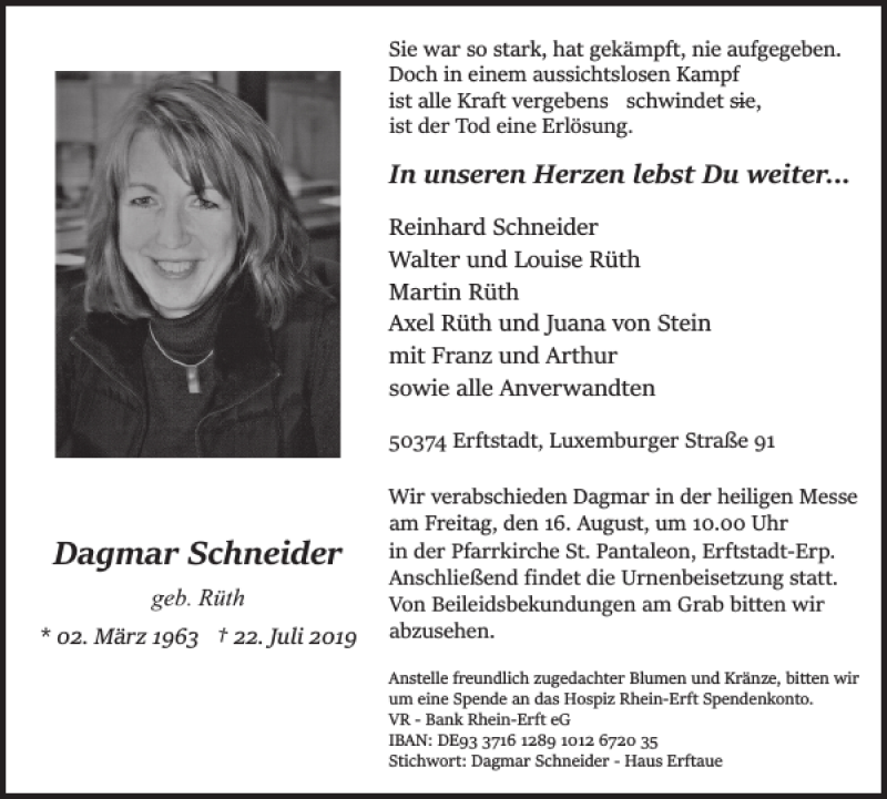  Traueranzeige für Dagmar Schneider vom 07.08.2019 aus Wochenspiegel