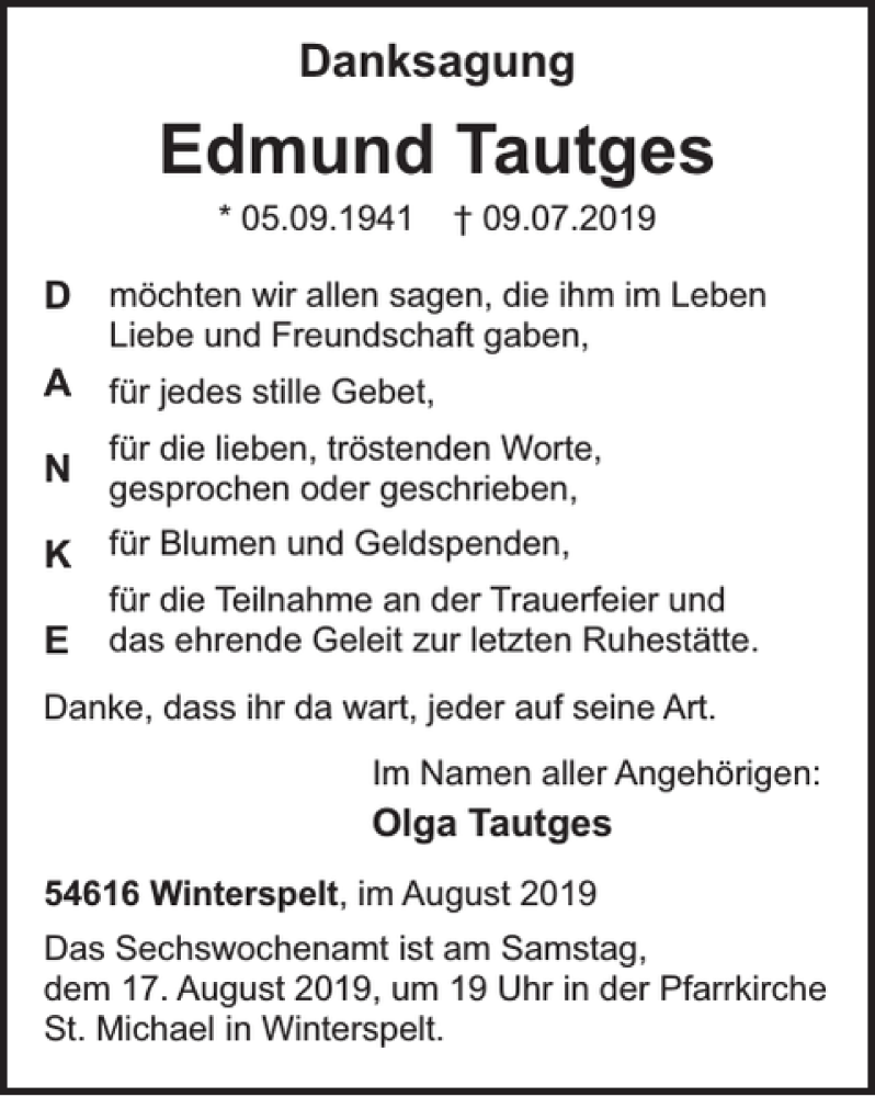  Traueranzeige für Edmund Tautges vom 09.08.2019 aus Wochenspiegel