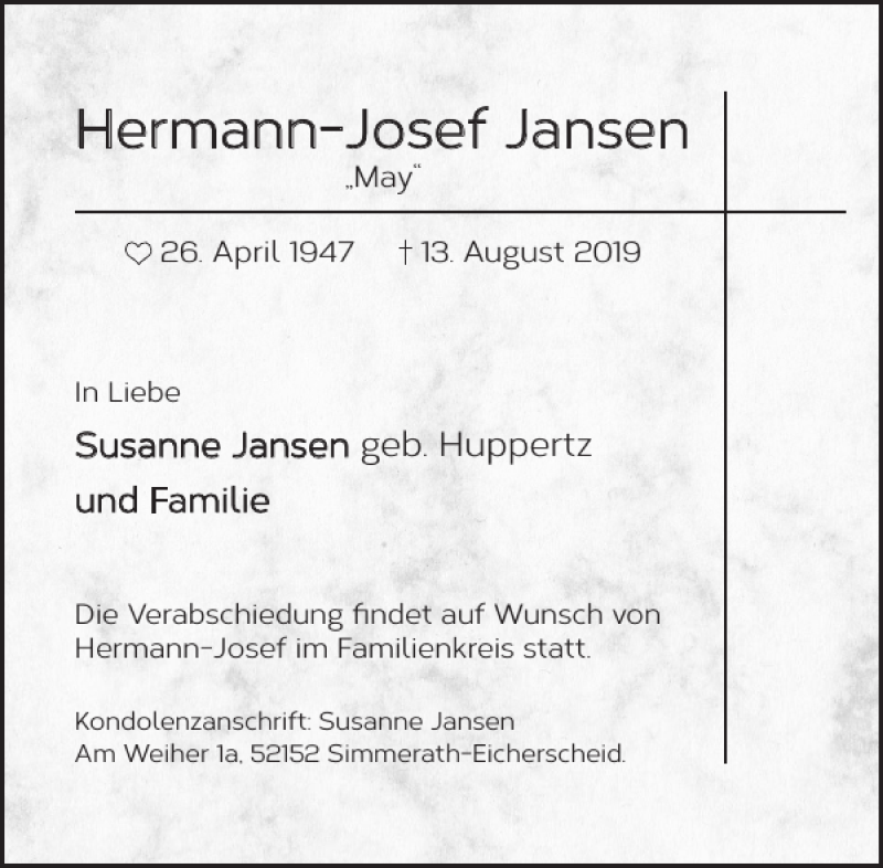  Traueranzeige für Hermann-Josef Jansen vom 21.08.2019 aus Wochenspiegel