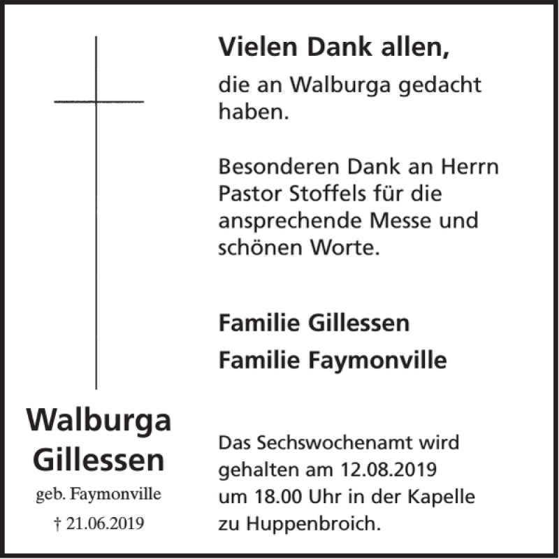  Traueranzeige für Walburga Gillessen vom 07.08.2019 aus Wochenspiegel