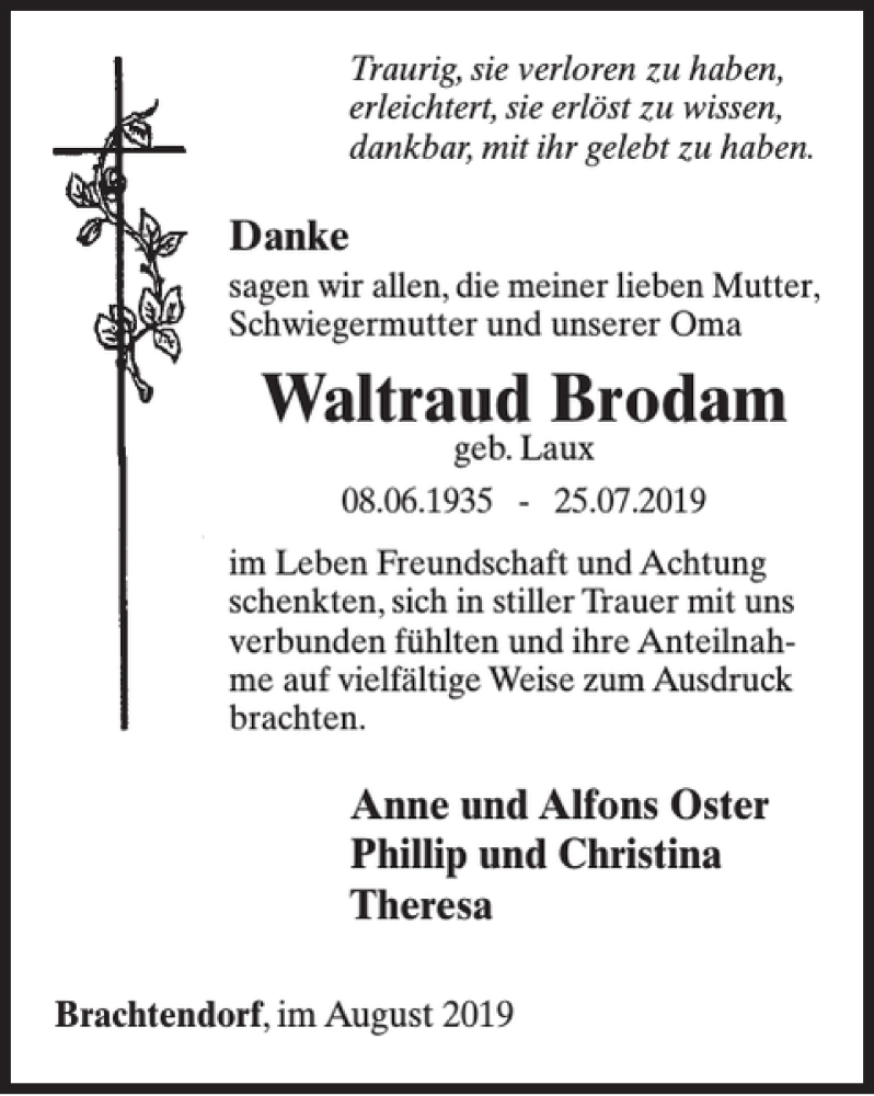  Traueranzeige für Waltraud Brodam vom 28.08.2019 aus Wochenspiegel
