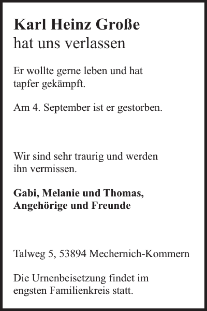  Traueranzeige für Karl Heinz Große vom 11.09.2019 aus Wochenspiegel