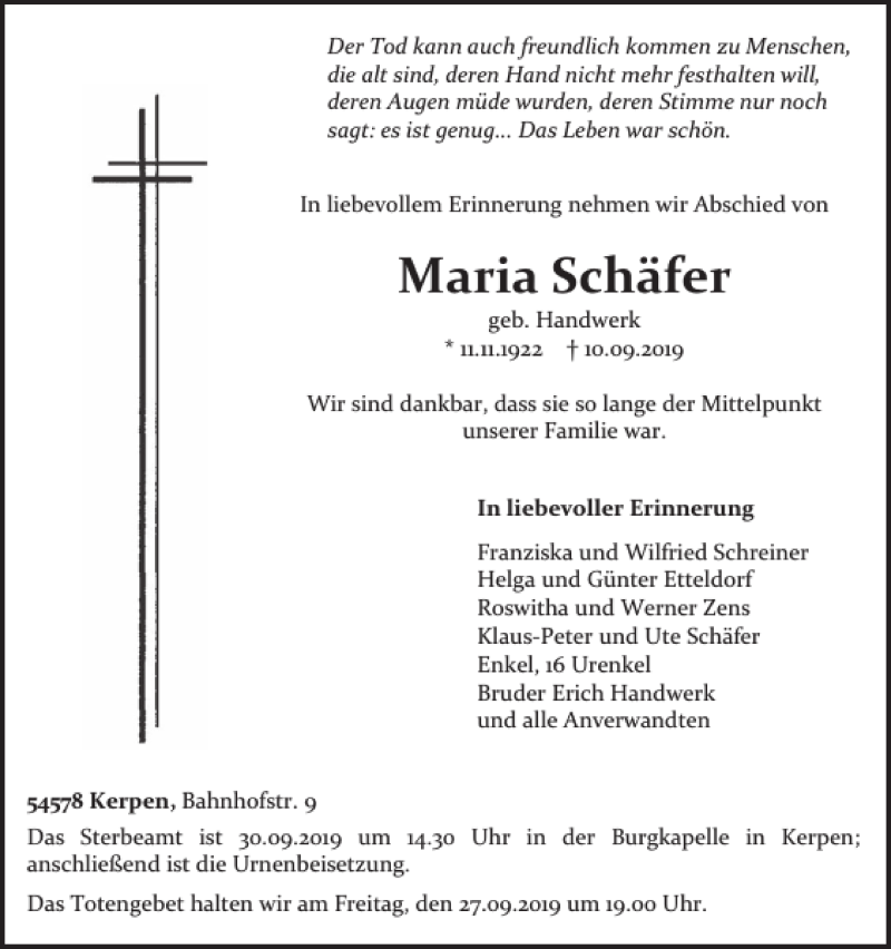 Traueranzeige für Maria Schäfer vom 25.09.2019 aus WochenSpiegel