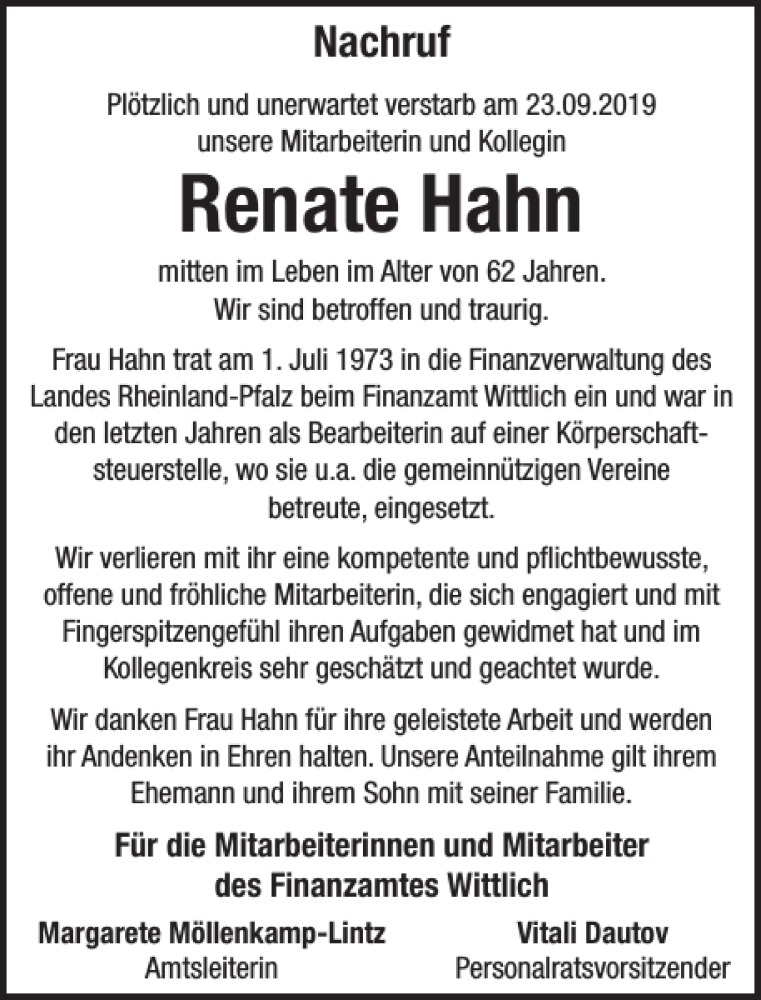  Traueranzeige für Renate Hahn vom 27.09.2019 aus Wochenspiegel