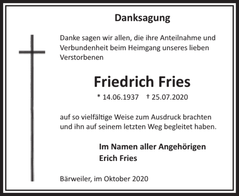  Traueranzeige für Friedrich Fries vom 21.10.2020 aus WochenSpiegel