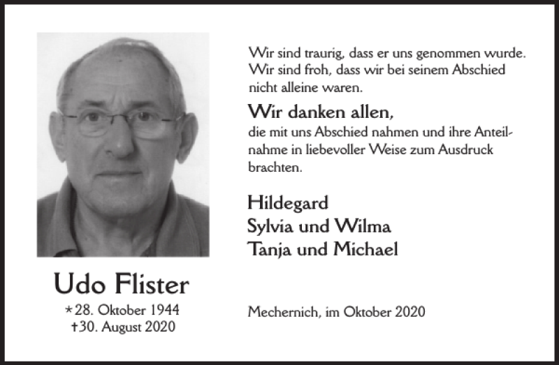  Traueranzeige für Udo Flister vom 07.10.2020 aus WochenSpiegel