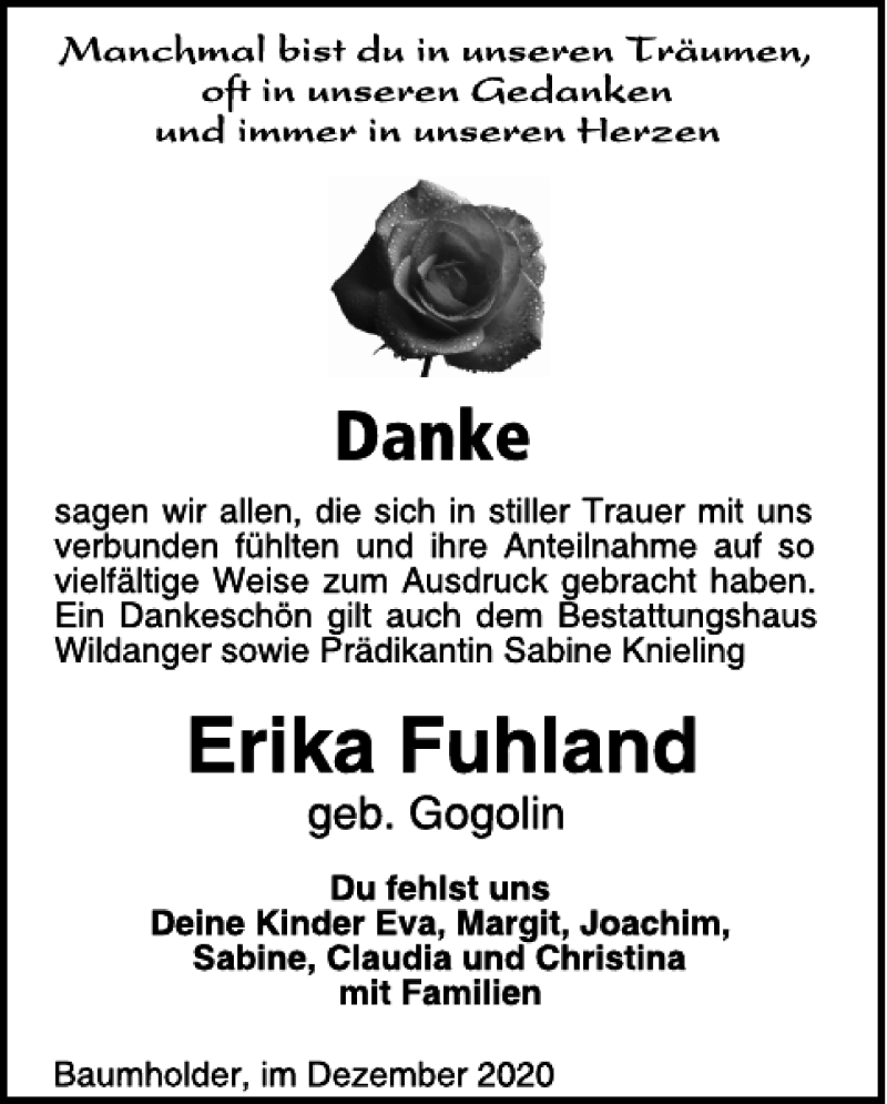  Traueranzeige für Erika Fuhland vom 30.12.2020 aus WochenSpiegel