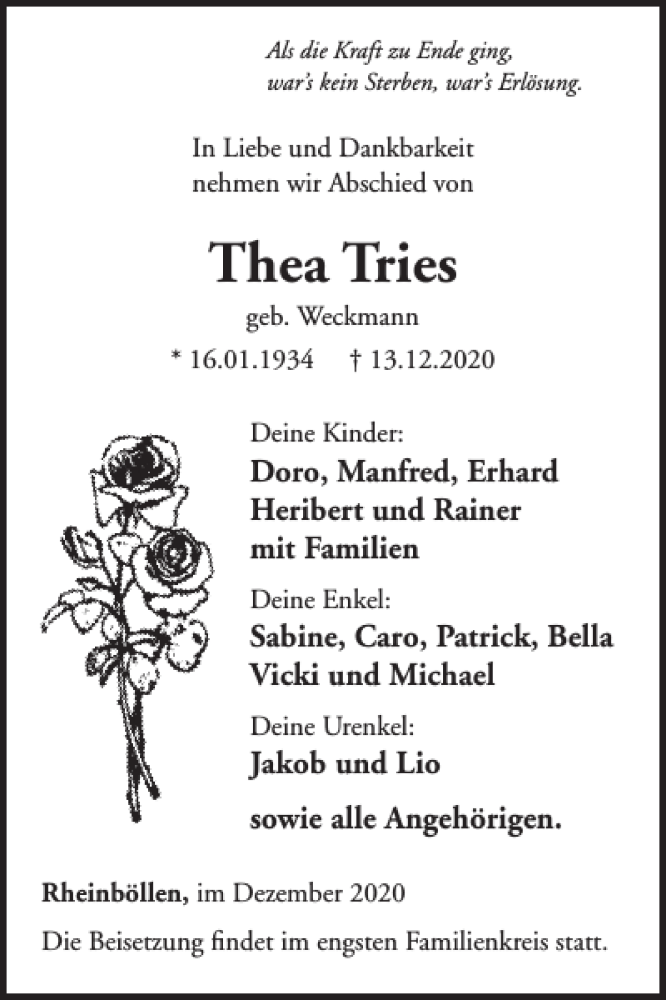  Traueranzeige für Thea Tries vom 16.12.2020 aus WochenSpiegel