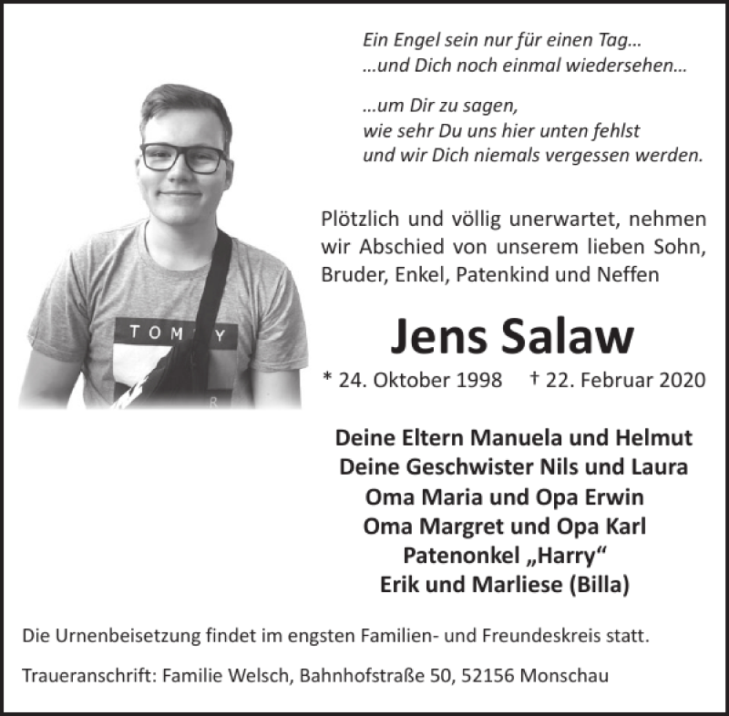  Traueranzeige für Jens Salaw vom 04.03.2020 aus WochenSpiegel