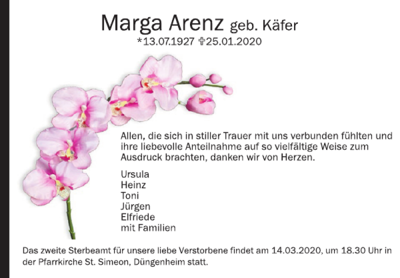  Traueranzeige für Marga Arenz vom 04.03.2020 aus WochenSpiegel