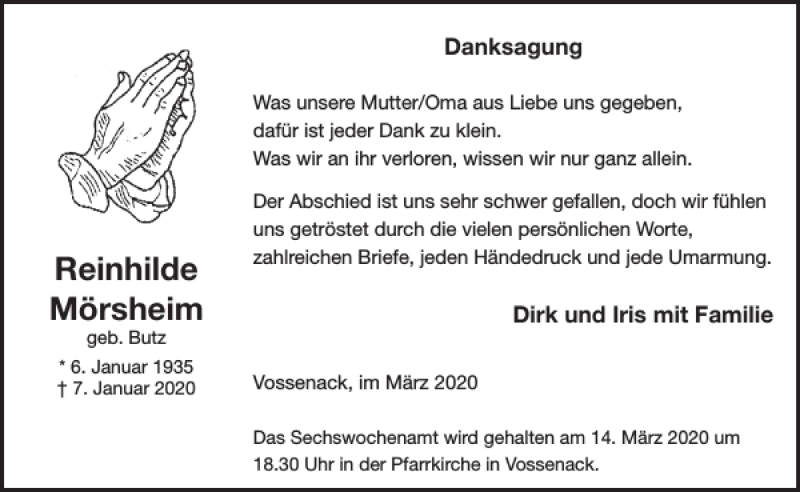  Traueranzeige für Reinhilde Mörsheim vom 11.03.2020 aus WochenSpiegel