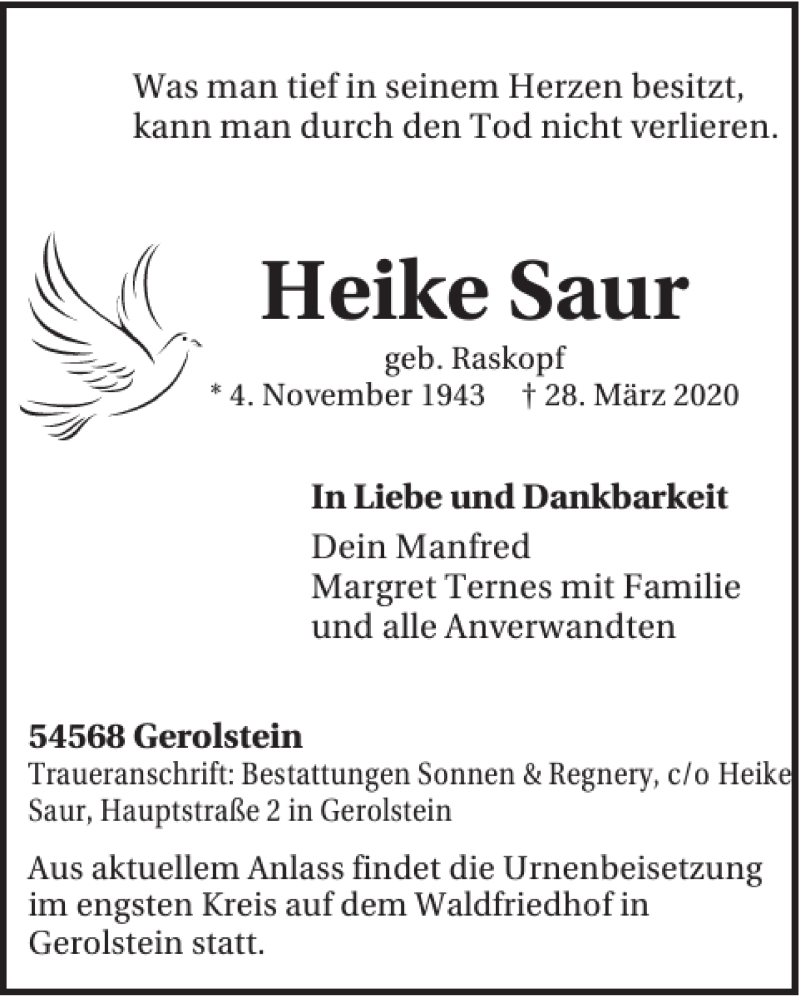  Traueranzeige für Heike Saur vom 01.04.2020 aus WochenSpiegel