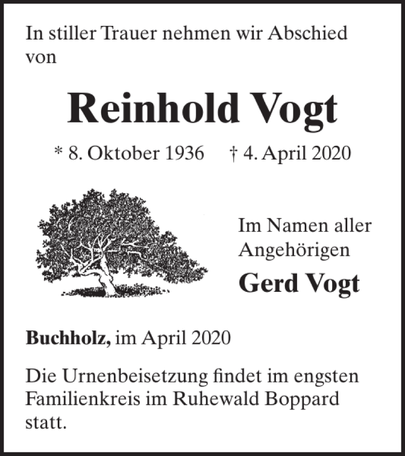  Traueranzeige für Reinhold Vogt vom 08.04.2020 aus WochenSpiegel