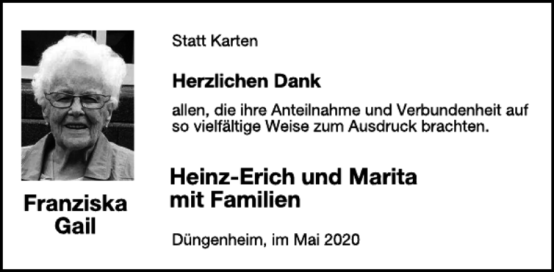  Traueranzeige für Franziska Gail vom 13.05.2020 aus WochenSpiegel