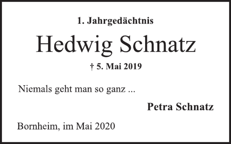  Traueranzeige für Hedwig Schnatz vom 06.05.2020 aus WochenSpiegel