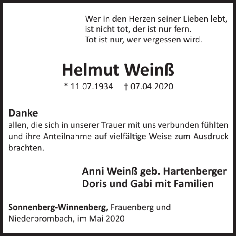  Traueranzeige für Helmut Weinß vom 27.05.2020 aus WochenSpiegel