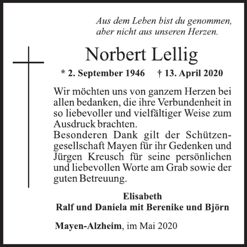  Traueranzeige für Norbert Lellig vom 27.05.2020 aus WochenSpiegel