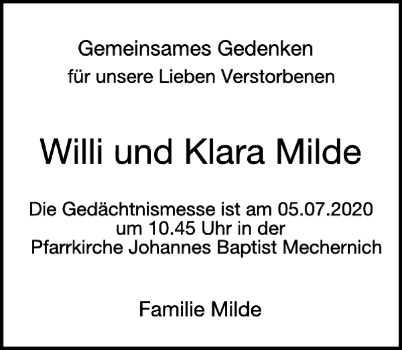  Traueranzeige für Willi und Klare Milde vom 01.07.2020 aus WochenSpiegel